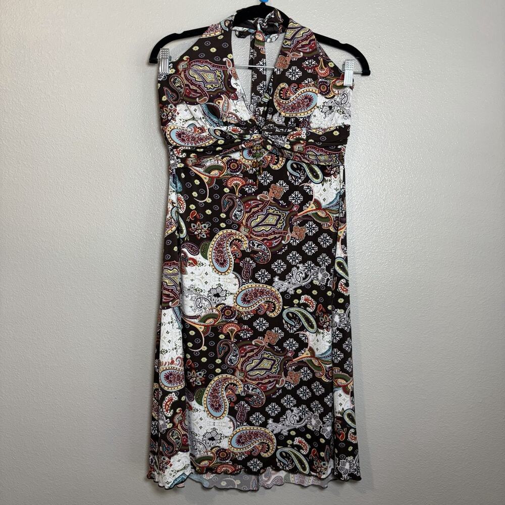 VTG Trixxi Y2K 90s Dress Size Large Paisley Beaded Hobo Hippie Halter Brown Midi